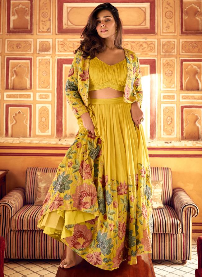 Silk Yellow Party Wear Embroidery Work Readymade Indo Western Lehenga